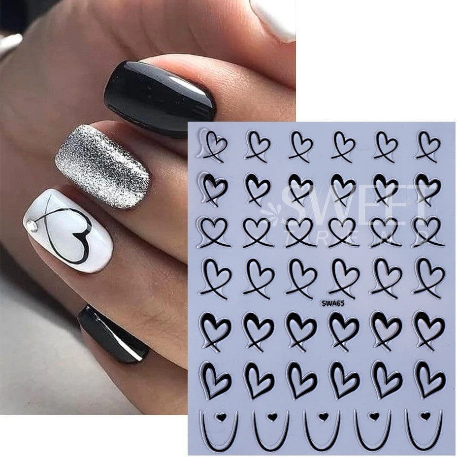 Nail Art Stickers 3D Black White Pink Lines Heart Decals 3PCS