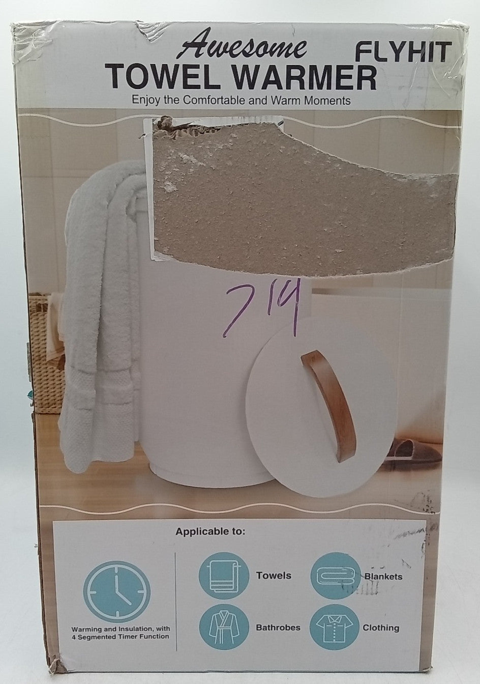 Large White Towel Warmer Bucket with Wooden Handle for Bathroom