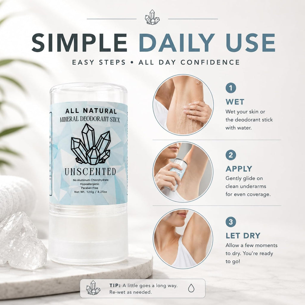 Natural Unscented Mineral Deodorant Stick - Paraben-Free, 24-Hour Odor Control