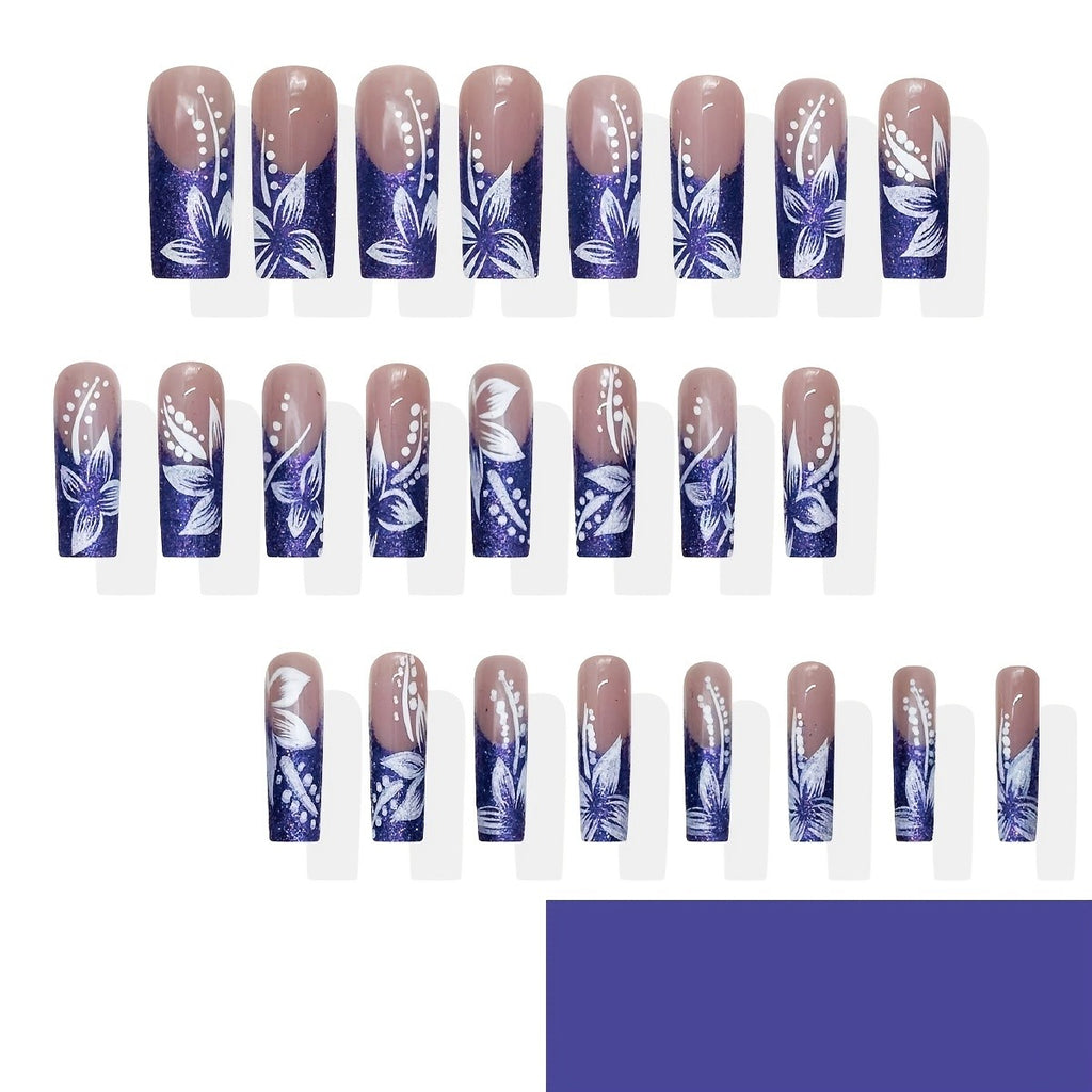48Pcs Deep Purple Gradient Fake Nail Set with Handpainted Flower Design