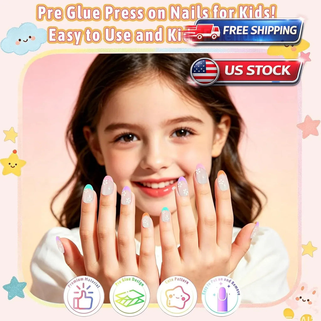 Kids Press-On Nail Kit with Glue and Files - Colorful Flower Designs, 96pcs