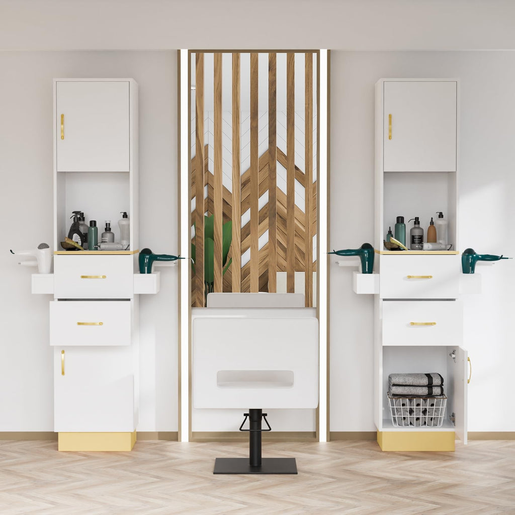 Salon Storage Station with Drawers and Hair Dryer Holders - White Gold