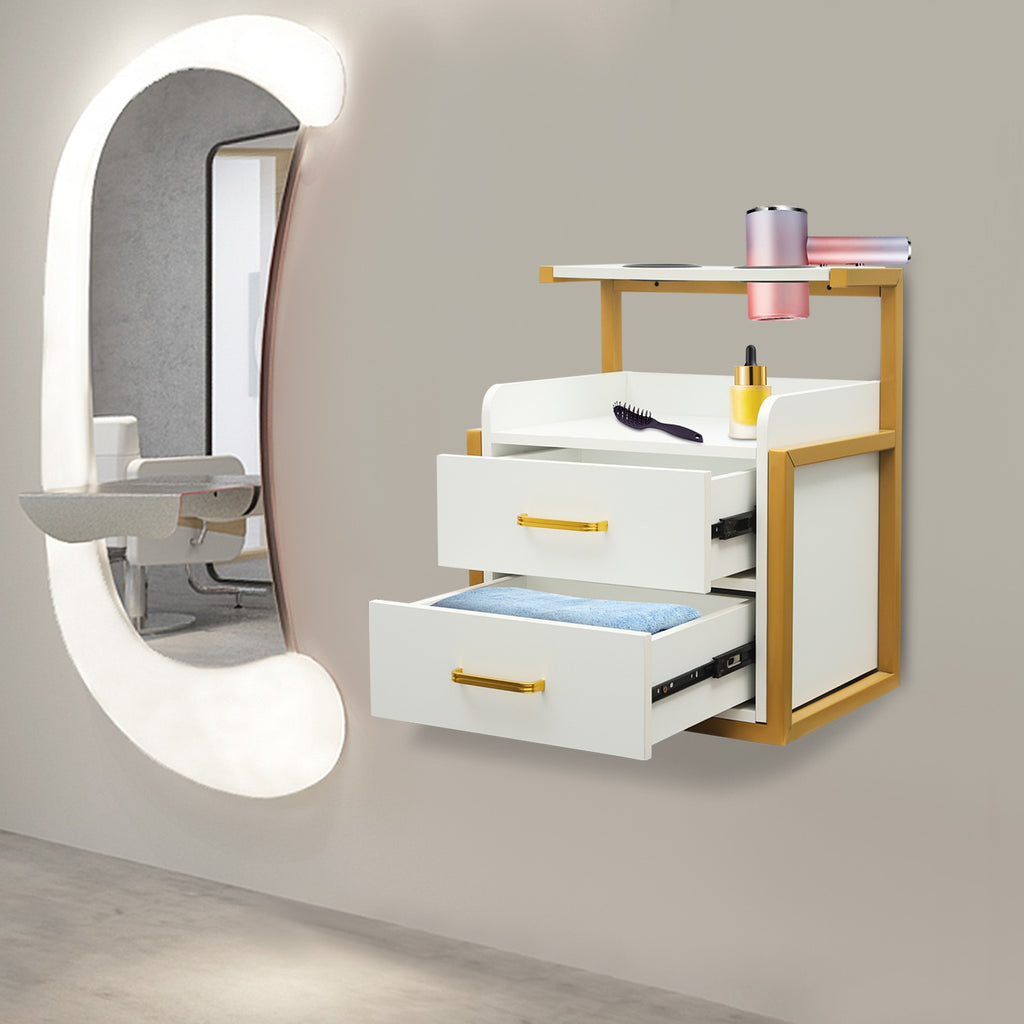Wall Mount Salon Storage Cabinet with 2 Drawers and Open Shelf - Spa Barber Hair Tool Organizer