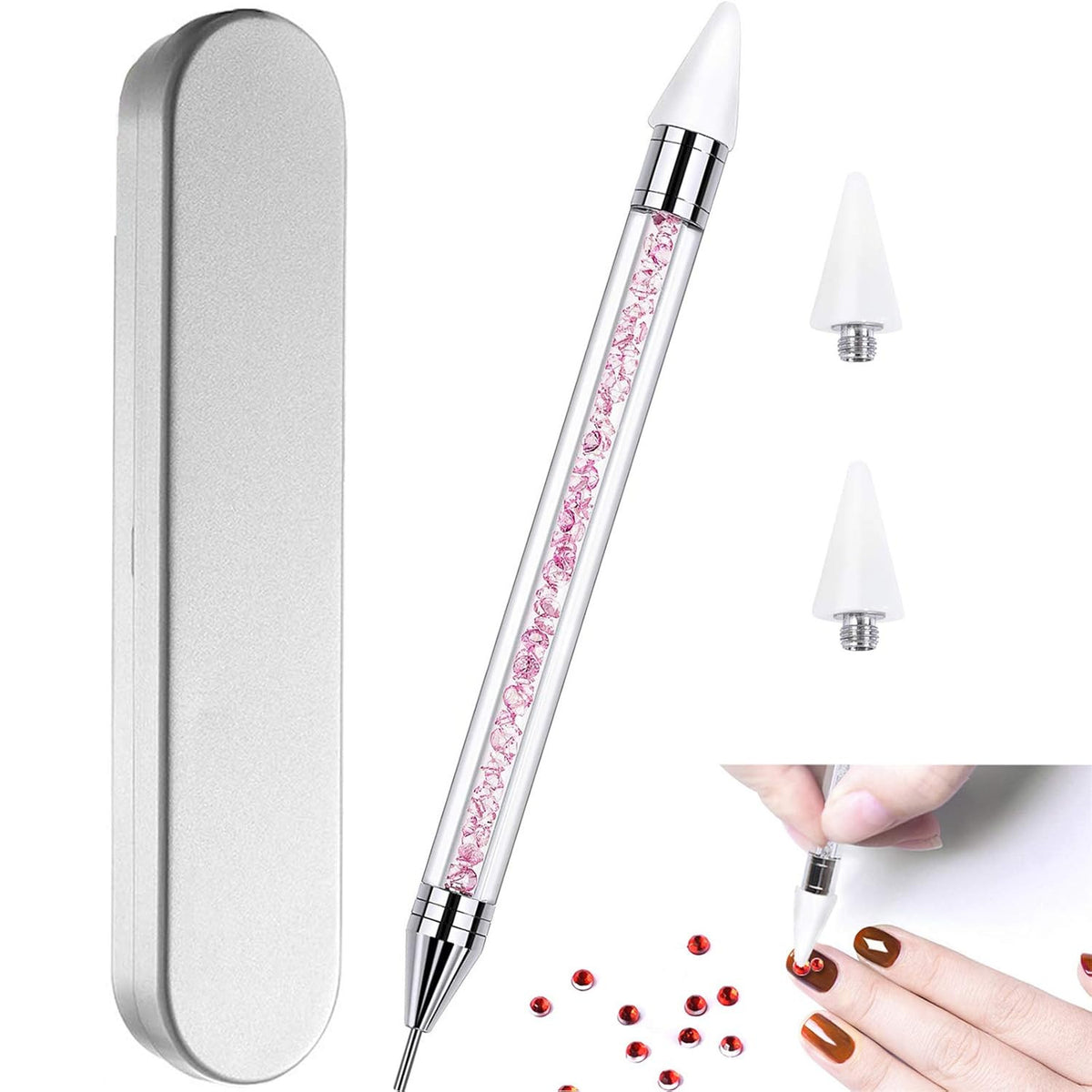 Dual-Ended Nail Rhinestone Picker & Dotting Tool with Extra Wax Heads