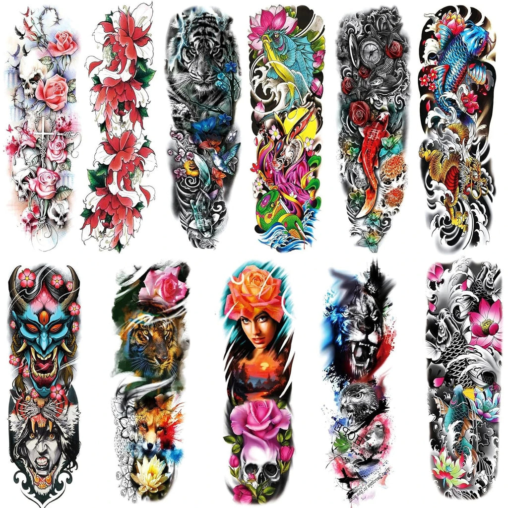 Full Arm Temporary Tattoos Sleeves - 12 Sheets Colorful Sticker Set 7" x 19"