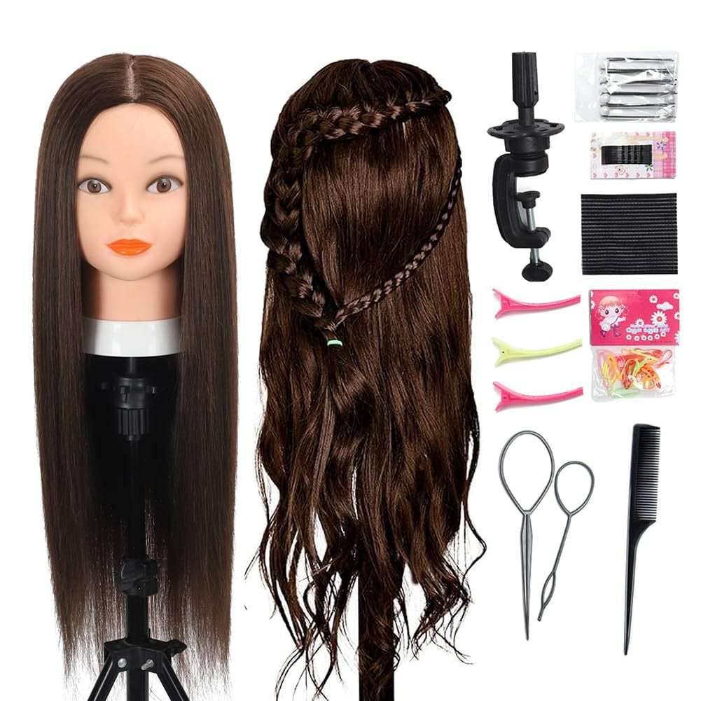 Human Hair Mannequin Head for Hair Styling Practice, Dark Brown, 26-28 Inch