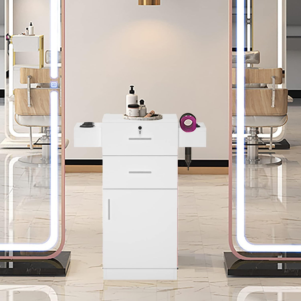 Lockable Salon Styling Station Cabinet with Large Storage & Tool Holders
