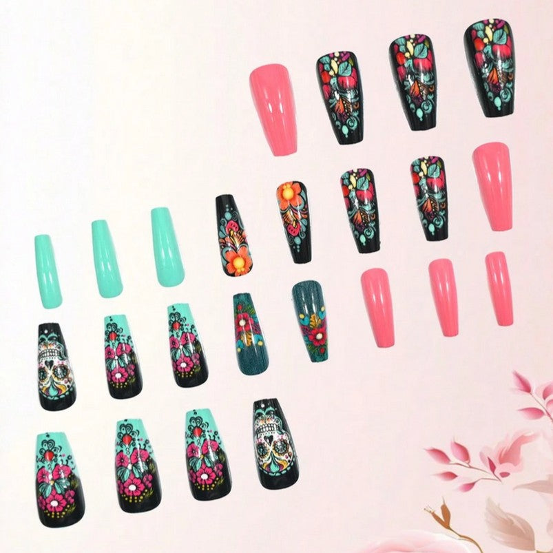 Medium Coffin Sugar Skull Full Cover Nail Tips Set with Glue & File