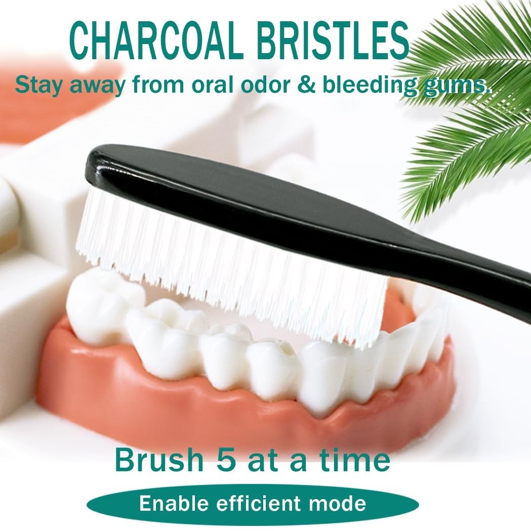 Long Head Toothbrush 4-Pack - Hard Charcoal Bristles for Whitening & Plaque Removal