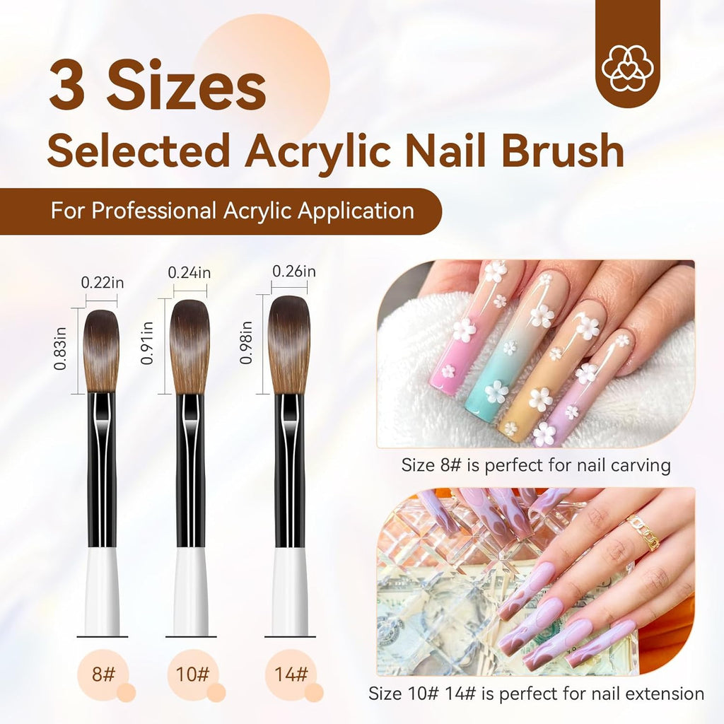 Professional Acrylic Nail Brush Set - Kolinsky Hair, 3 Sizes 8/10/14 for Nail Art & Extensions