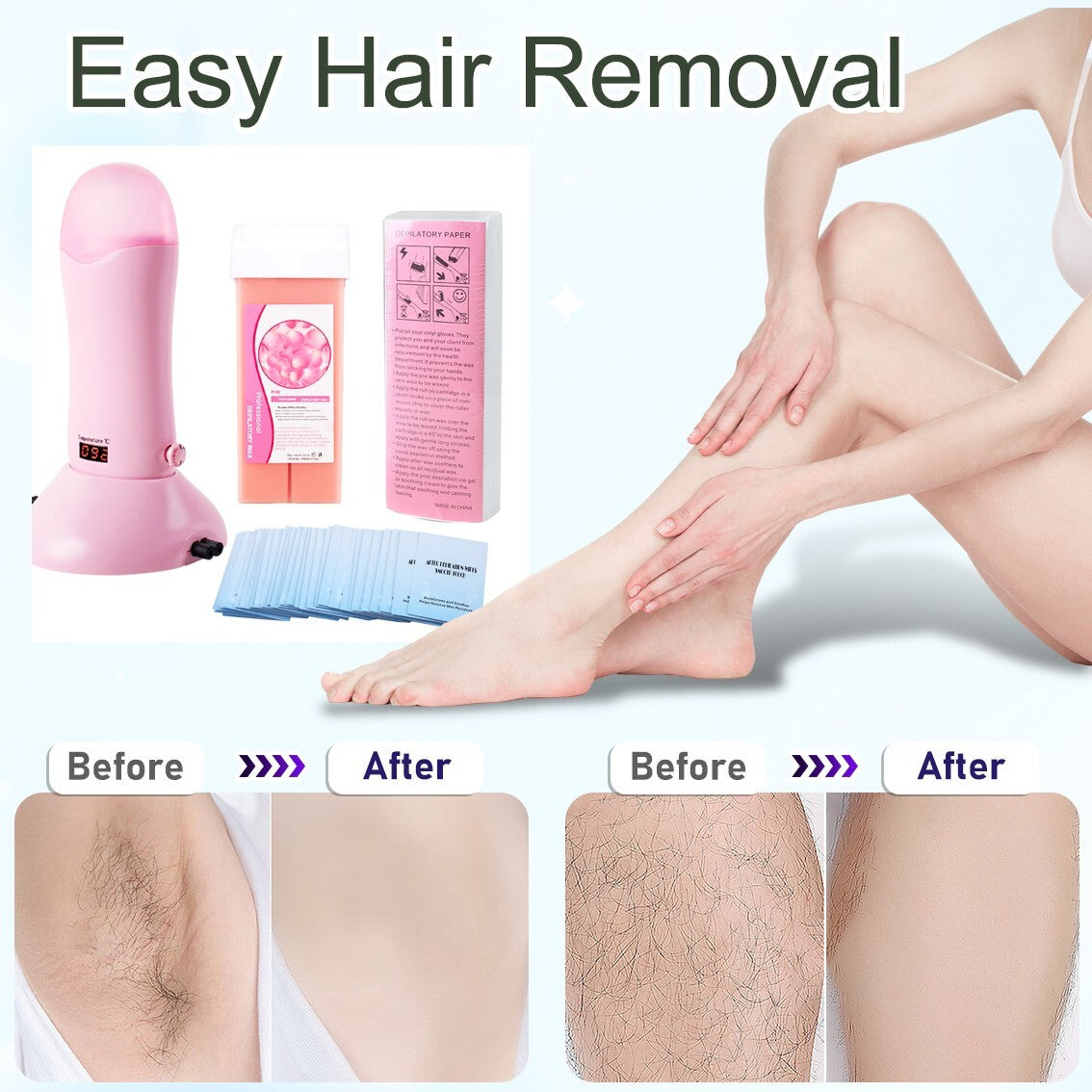Waxing Kit with Roll-On Depilatory Wax Heater & Cartridges for Hair Removal