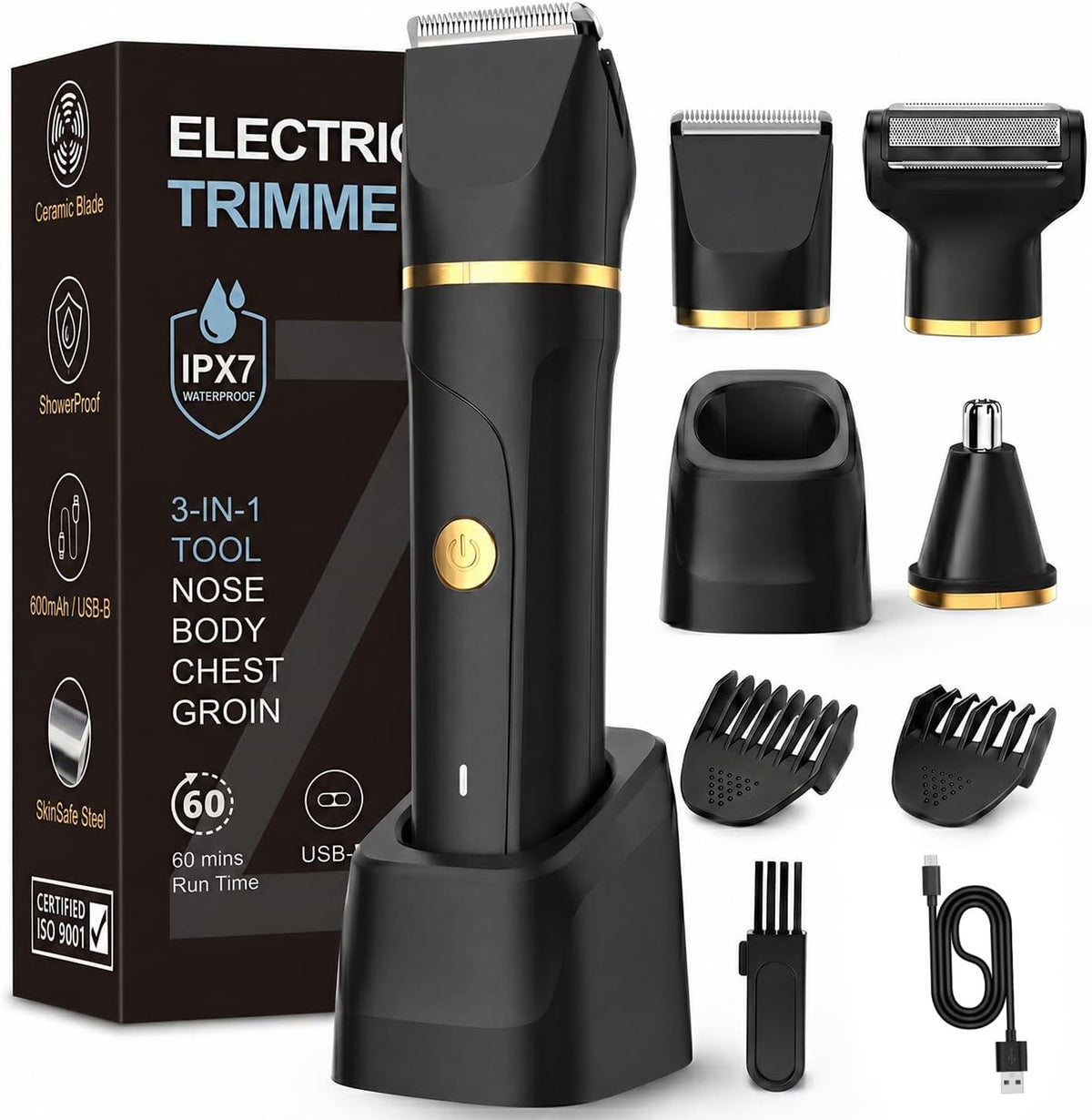 Men's 3-in-1 Waterproof Beard Trimmer & Body Groomer - USB Rechargeable