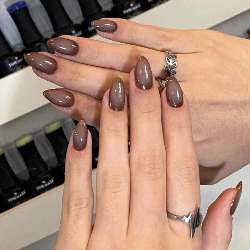 48Pcs Medium Almond Solid Taupe Brown Glossy Press-On Nails