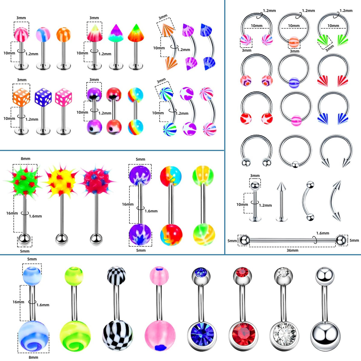 99 Piece Body Piercing Kit - Stainless Steel Jewelry & Tools 12G 14G