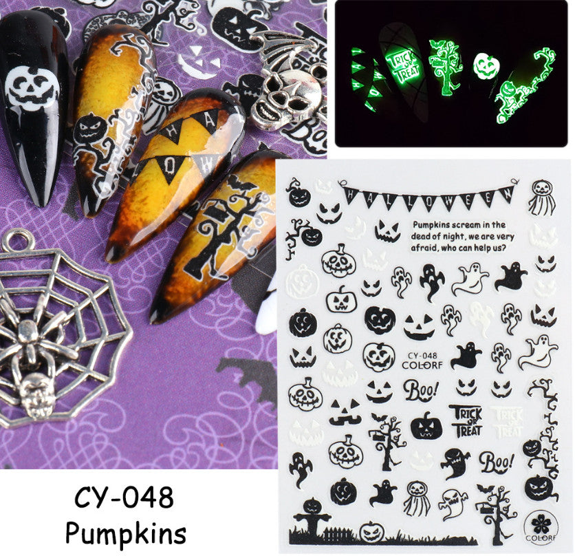 Glow-in-The-Dark Halloween Nail Stickers - Skull Ghost Pumpkin Spider Web Bat 6 Pack