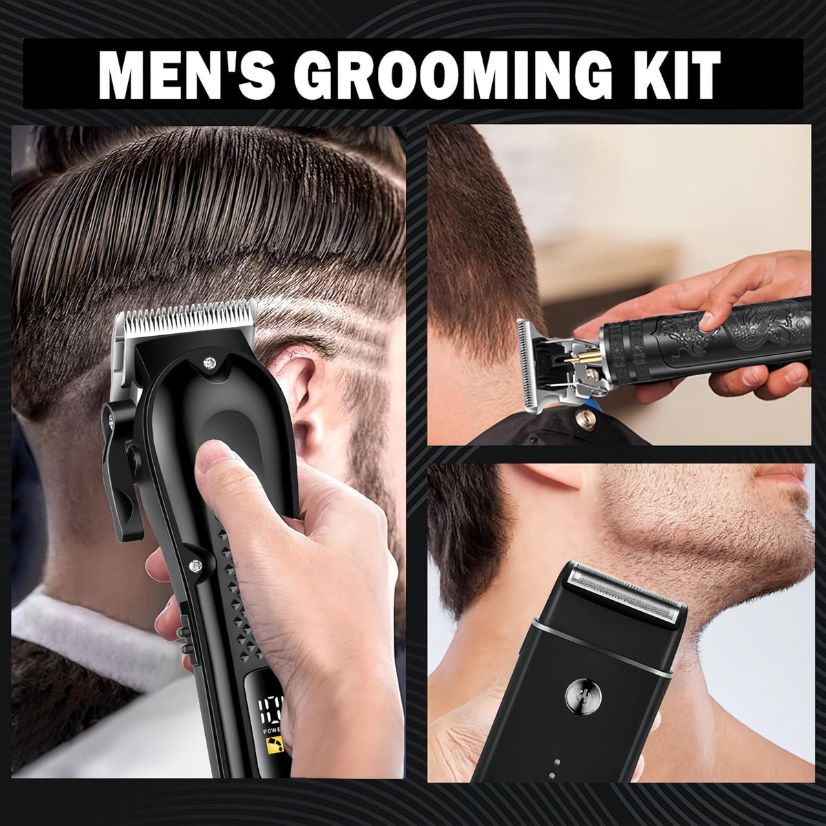 Cordless 3-in-1 Hair Clippers Grooming Kit with LED Display & Accessories