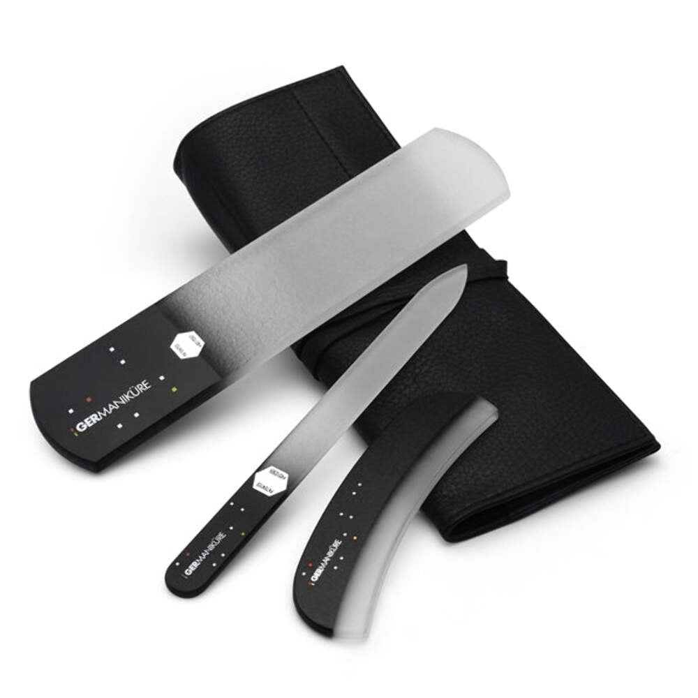 Genuine Crystal Glass Nail File Set in Leather - 3 Pieces