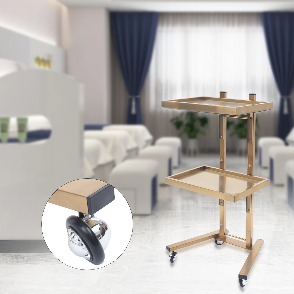 2-Tier Gold Stainless Steel Salon Trolley Cart with Foldable Tray and Wheels