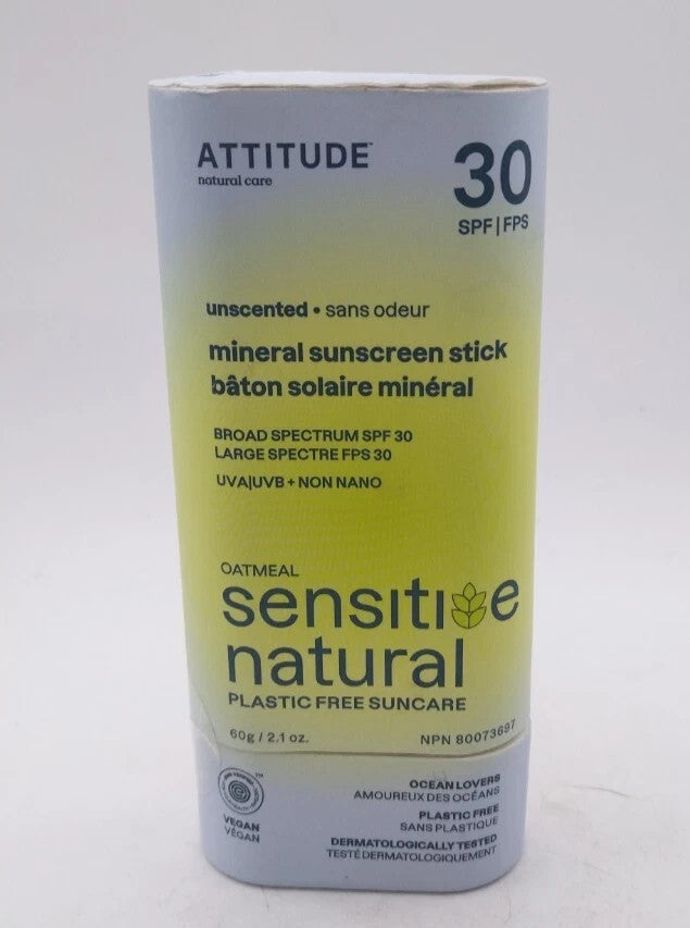 Mineral Sunscreen Stick SPF 30 - Plastic-Free, 2.1 Oz - Attitude