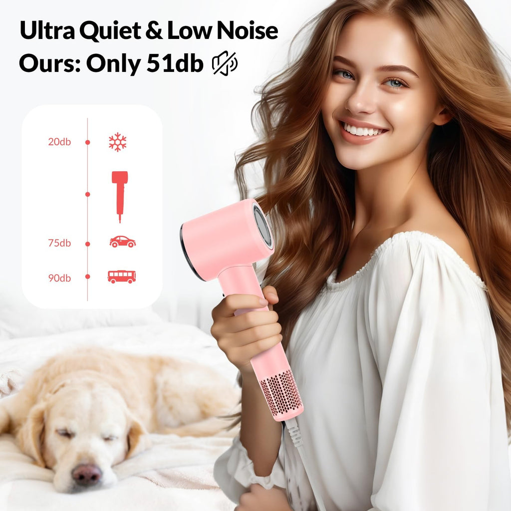 Pink Ionic Travel Hair Dryer with Diffuser - Fast & Quiet Styling