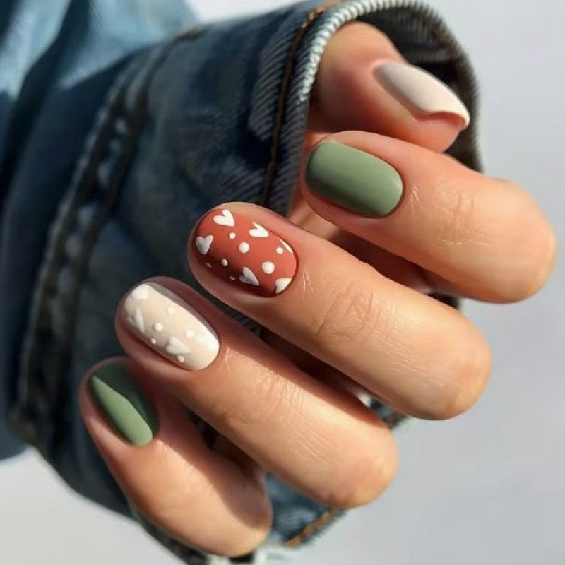 48-Piece Short Oval Press-On Nails Matte Green & Orange with White Heart Dots