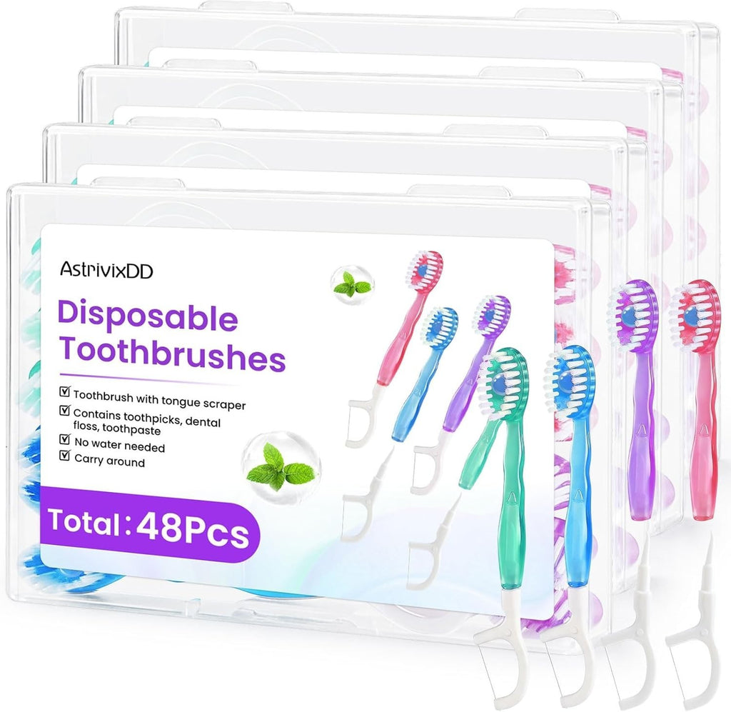 Mini 5-in-1 Disposable Travel Toothbrush Set with Floss, Waterless, Bulk 48 Pack