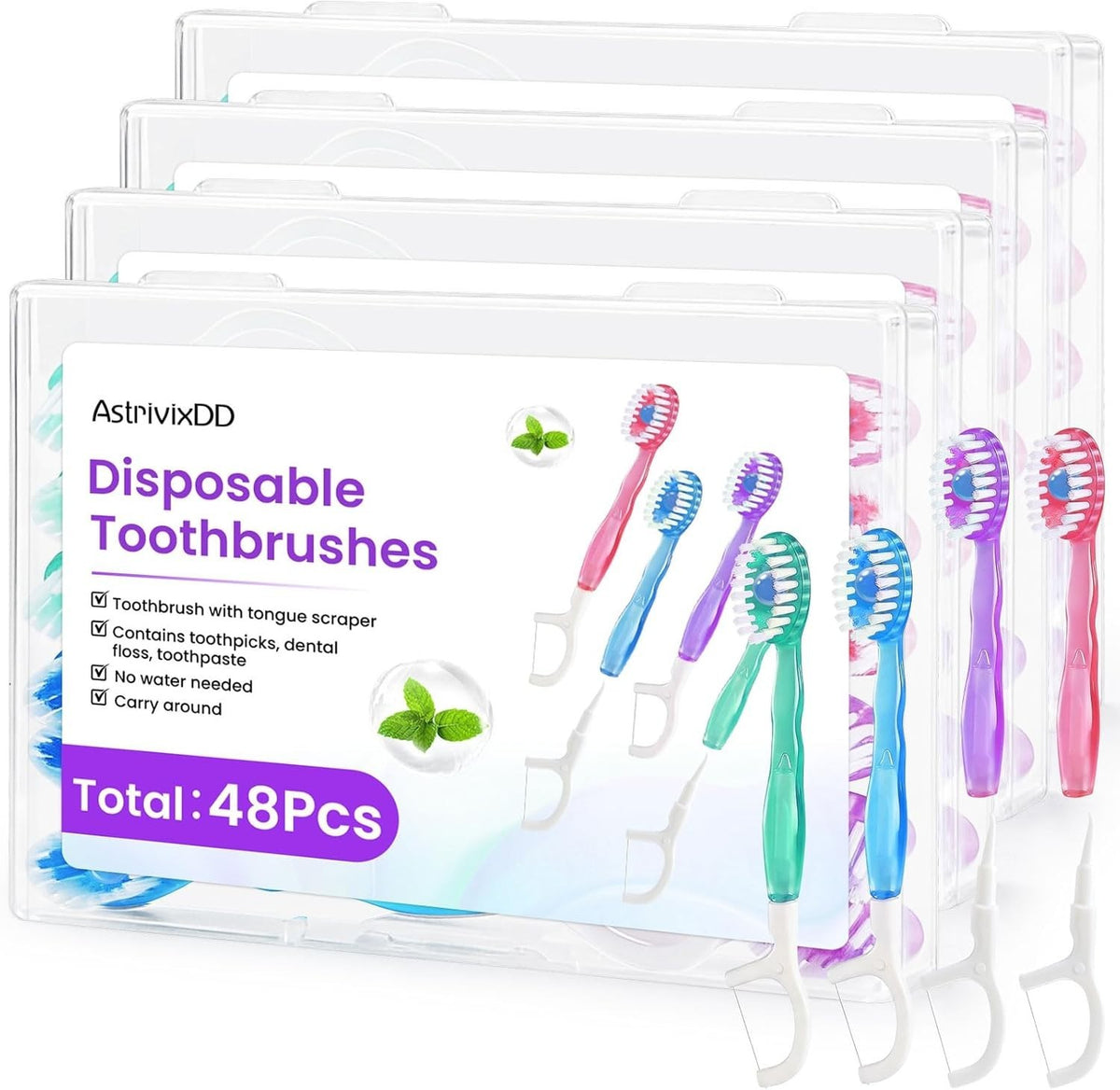 Mini 5-in-1 Disposable Travel Toothbrush Set with Floss, Waterless, Bulk 48 Pack