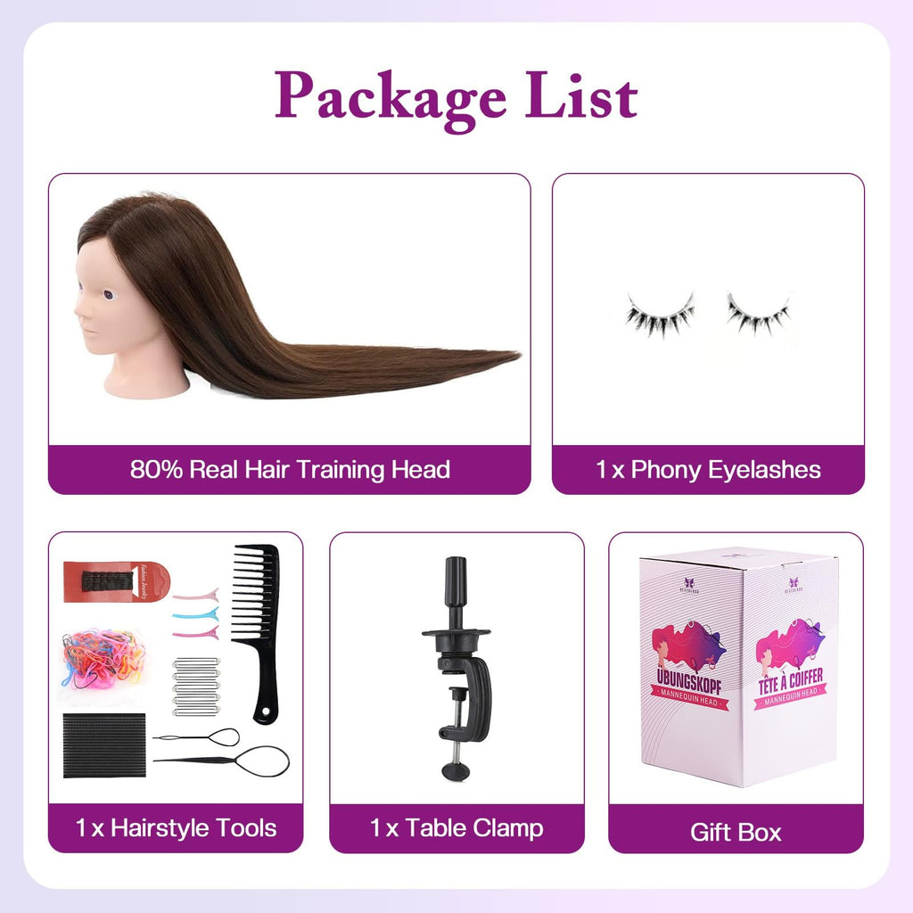 28 Inch Mannequin Head with 80% Human Hair for Hair Styling & Makeup Practice
