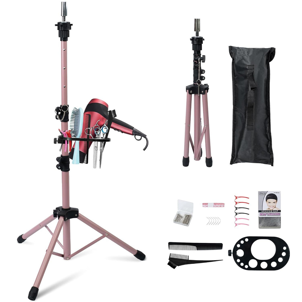 Adjustable Metal Wig Stand Tripod with Tool Tray for Salon & Styling