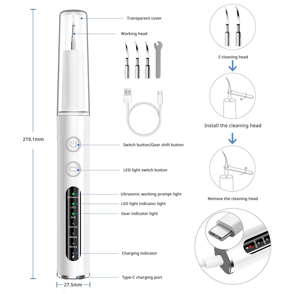 Ultrasonic Tooth Cleaner Tartar & Plaque Remover Kit - Electric Dental Scaler