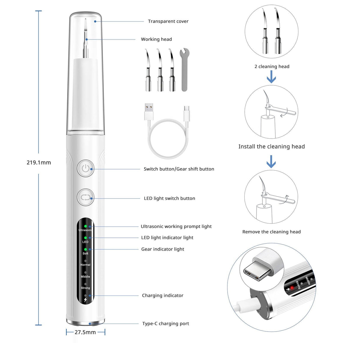 Ultrasonic Tooth Cleaner Tartar & Plaque Remover Kit - Electric Dental Scaler