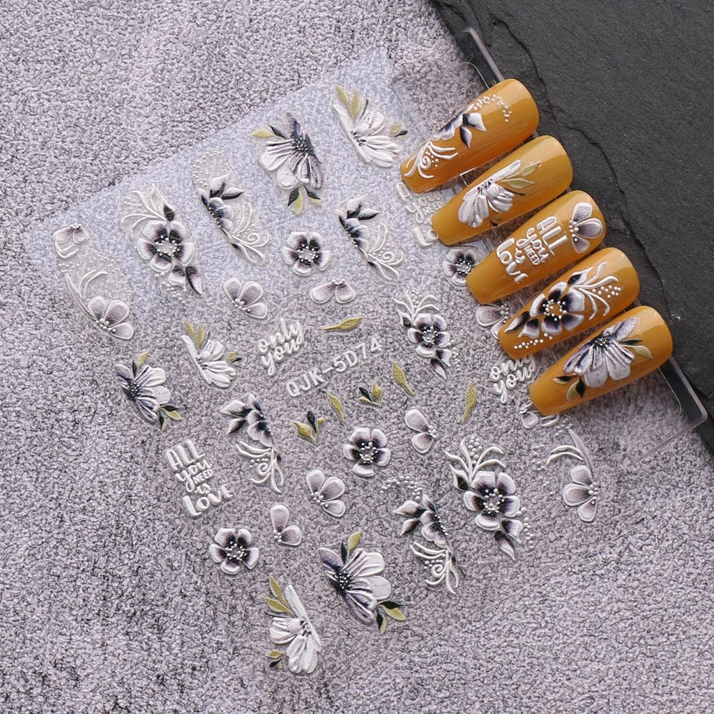 Spring Flower Nail Art Stickers Set - 6 Sheets Self-Adhesive 3D Embossed Decals