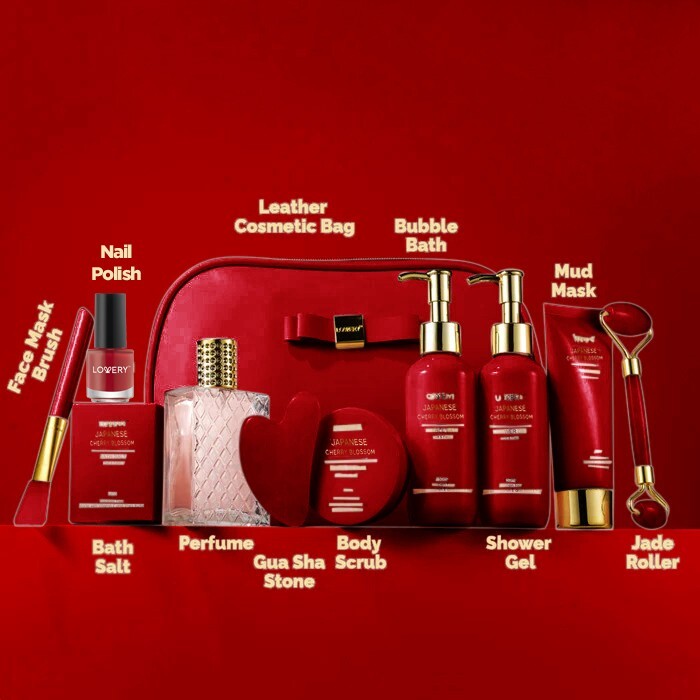 Luxury Japanese Cherry Blossom Spa Gift Set with Leather Cosmetic Bag