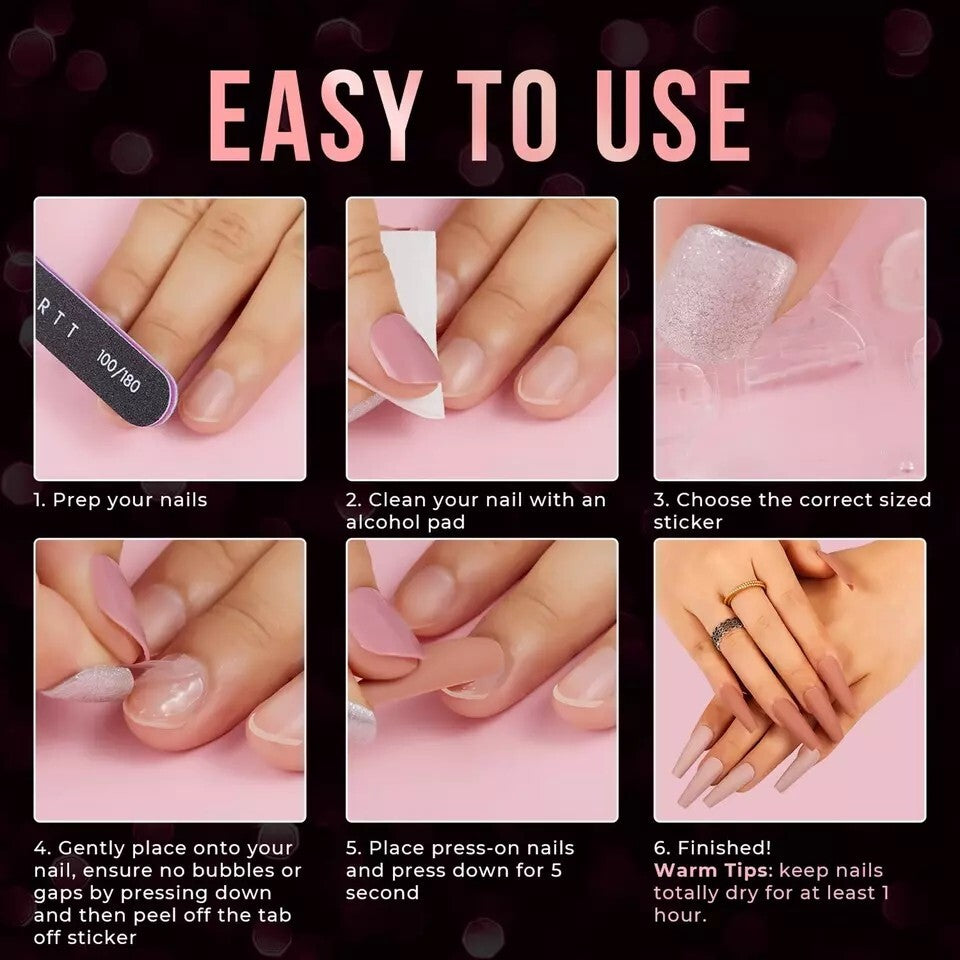 Double-Sided Nail Glue Tape Stickers for Press-On Nails - Reusable, Transparent, 12 Sizes