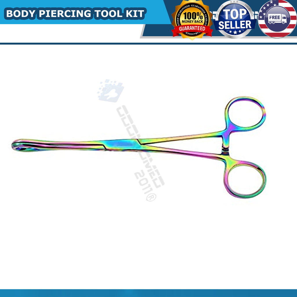 Professional 7-Piece Body Piercing Instruments Kit with Pennington Forceps - Rainbow