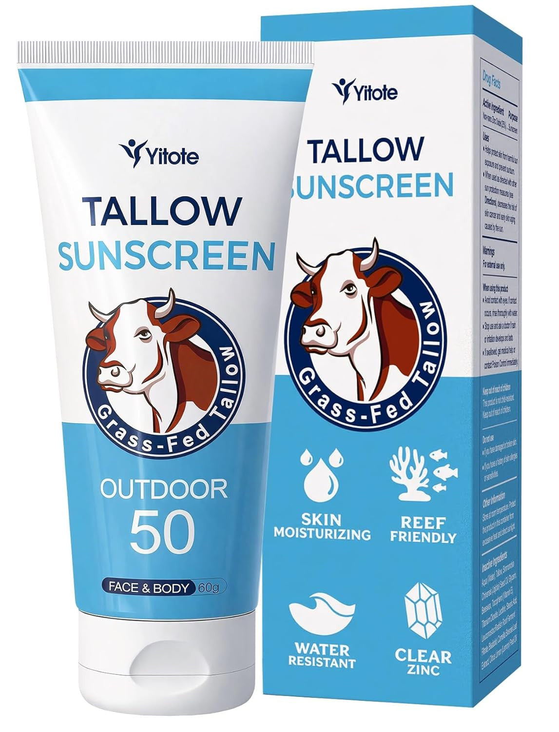 Organic Mineral Sunscreen SPF 50 with Grass-Fed Beef Tallow - Natural, Water-Resistant Face & Body Sun Block
