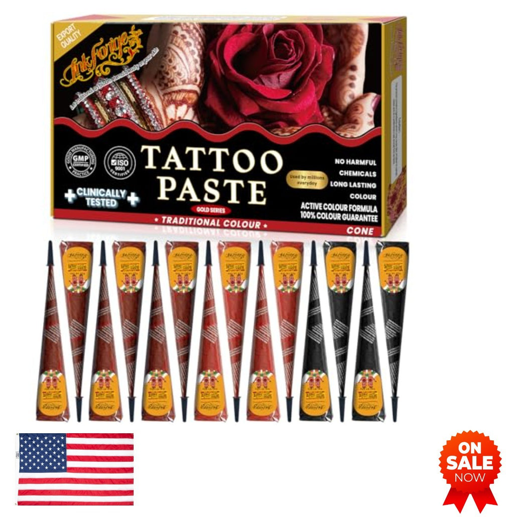 Temporary Tattoo Cone Kit 14 Pcs in 3 Colors – Black, Cherry Red, Reddish-Brown Skin