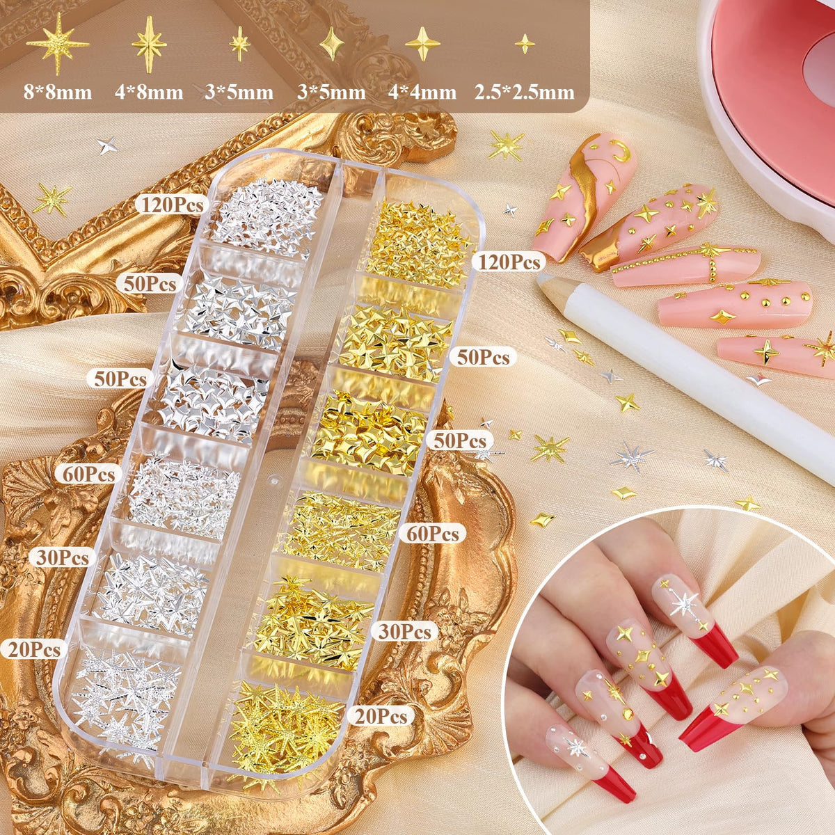 3D Star Nail Charms Set - Gold & Silver Metallic Nail Art Gems with Tweezers