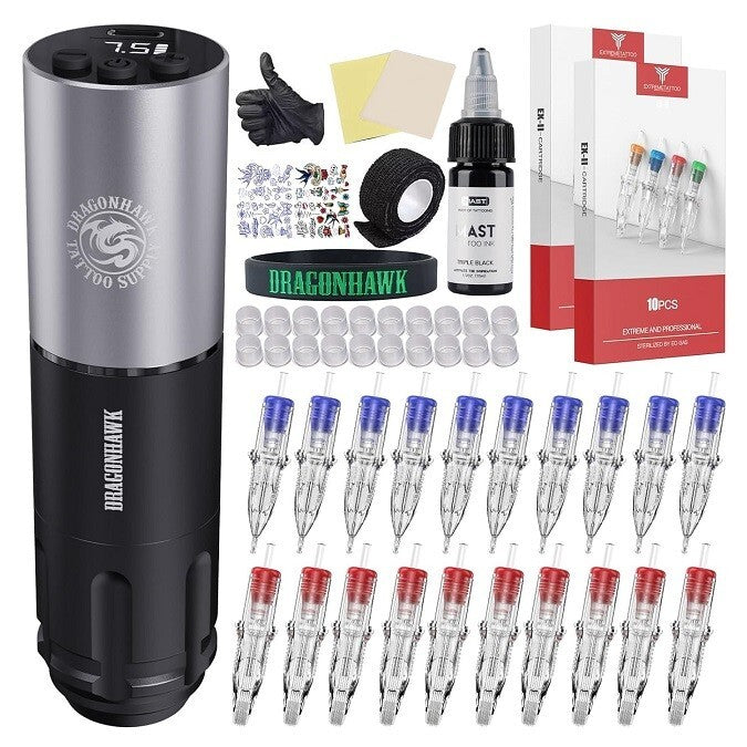 Wireless Beginner Tattoo Kit - Rotary Pro Machine, Cartridges & Accessories