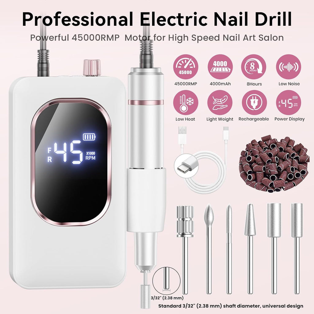 Professional Cordless Nail Drill Machine for Acrylic & Gel Nails - Slow Vibration, Gris