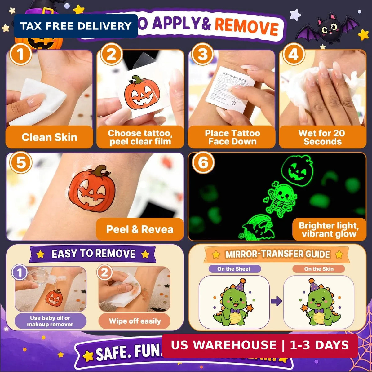 Glow-in-the-Dark Halloween Temporary Tattoos for Kids – 96 Designs