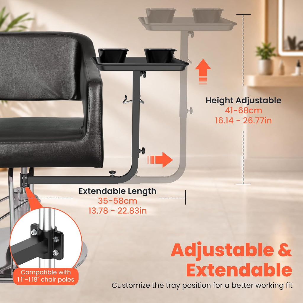 Chair Mounted Hair Tray with Magnetic Bowls and Dryer Holder for Salon & Barber