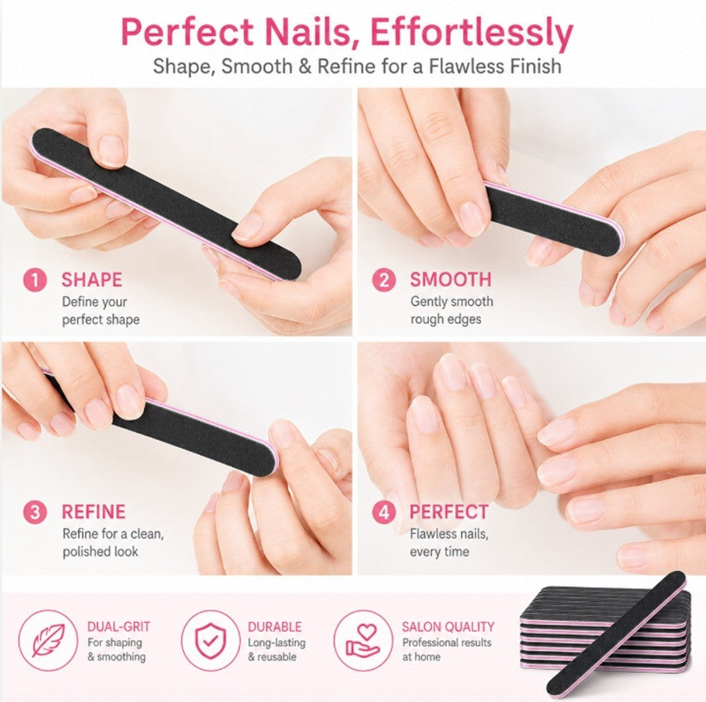 10 Pack Double-Sided Nail Files 100/180 Grit for Manicure & Pedicure