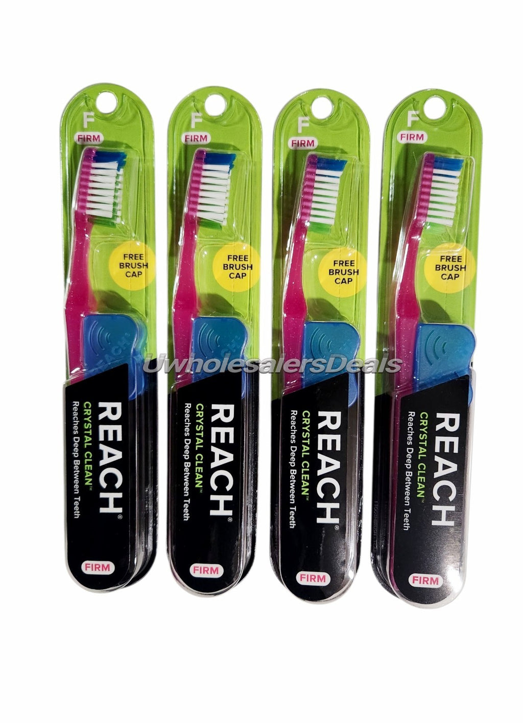 4 Reach Crystal Clean Hard Toothbrushes with Firm Bristles & Free Caps