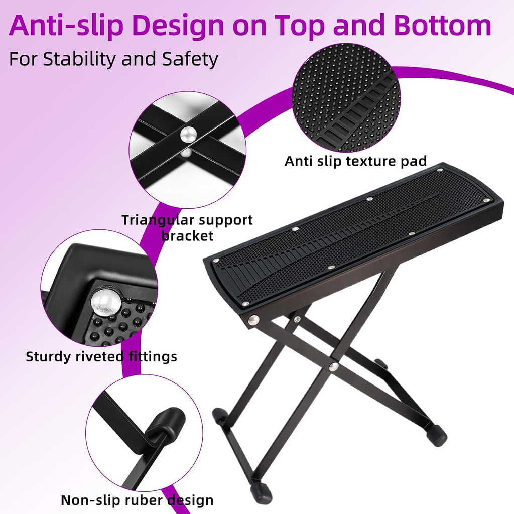 Adjustable Metal Pedicure Stool with 6 Height Levels, Foldable Salon Chair - Black
