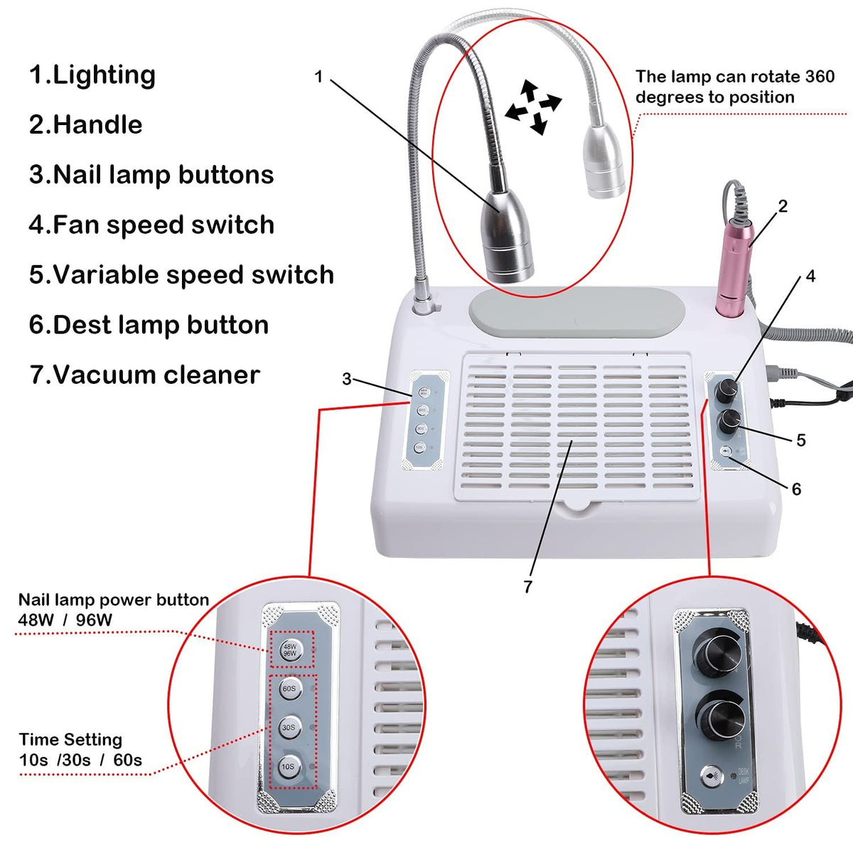Oskade 40W Nail Dust Collector & UV LED Lamp - Multi-Function Nail Art Station