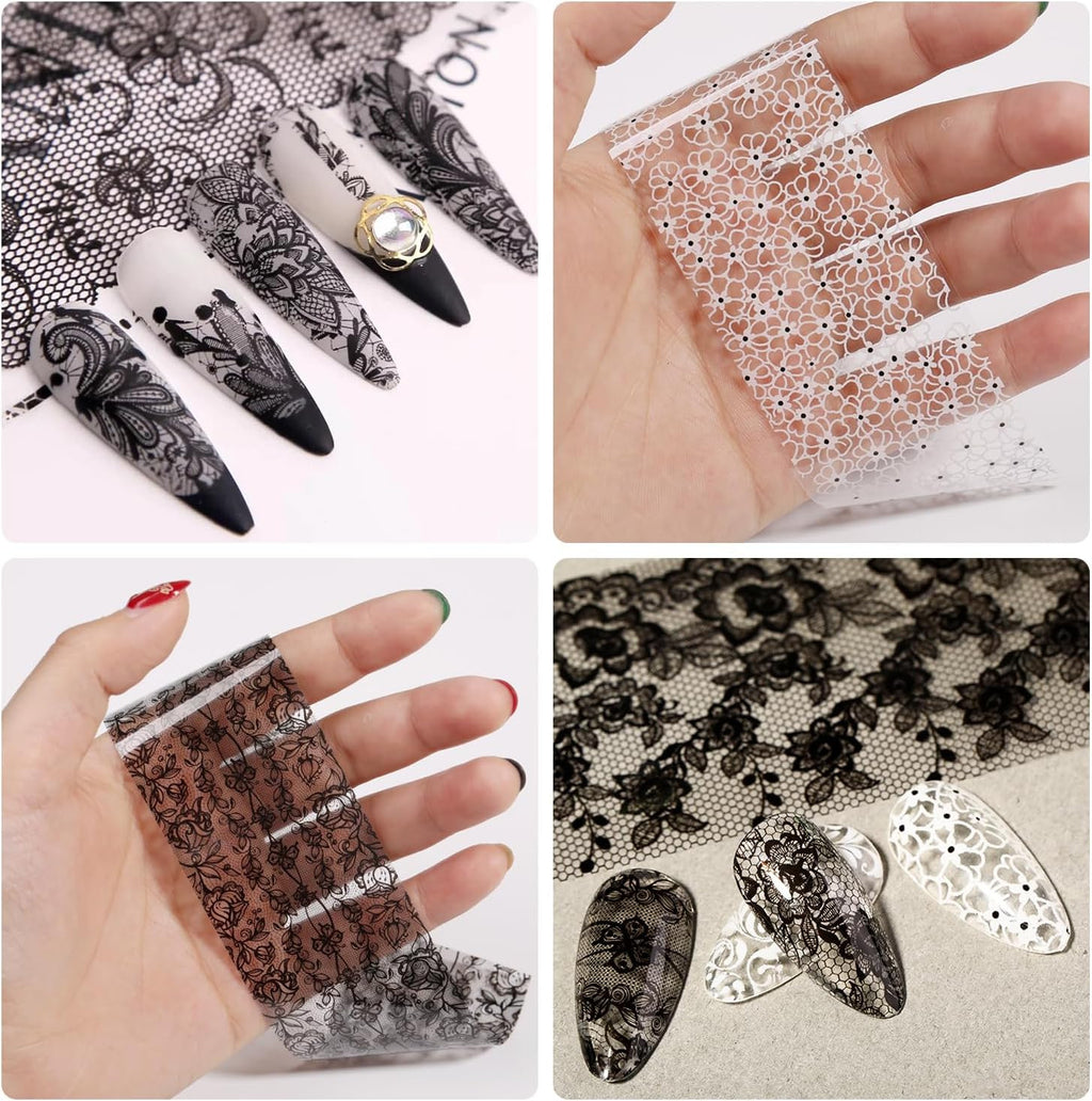 White and Black Lace Nail Foil Sheets for Nail Art - 20 Rolls