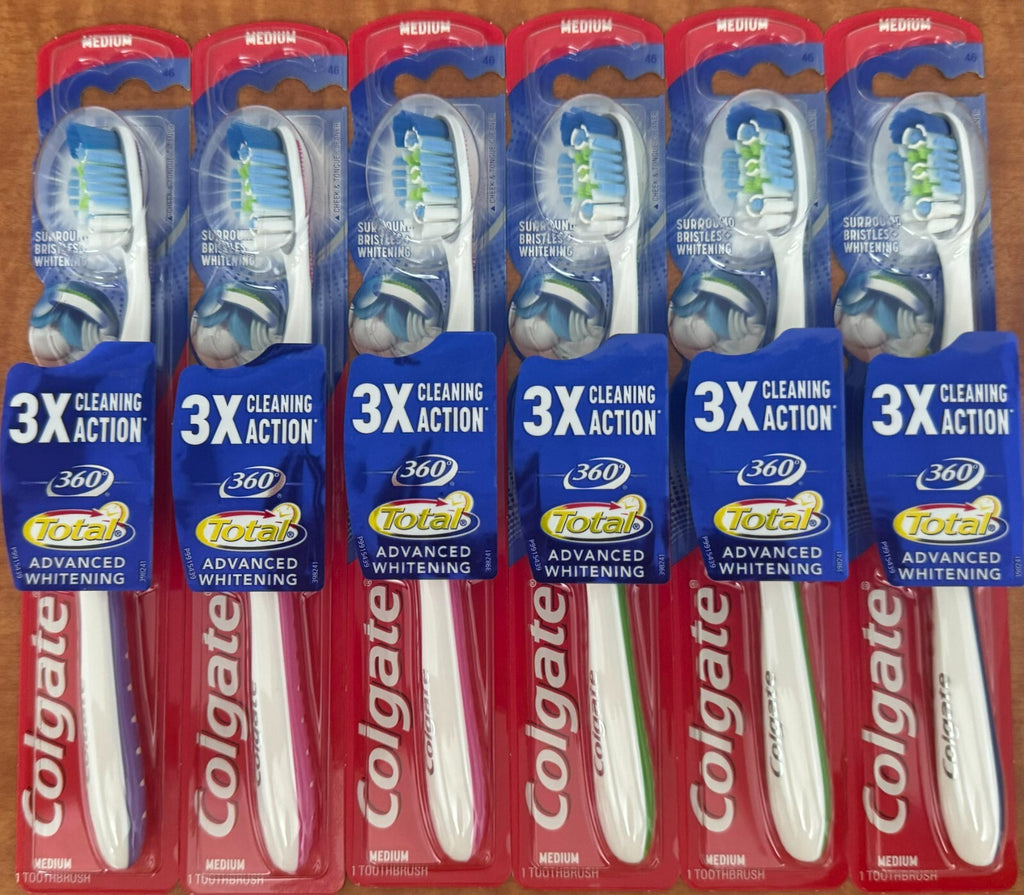 6 Pack Medium Colgate Total 360 Advanced Whitening Toothbrushes - Oral Care Set