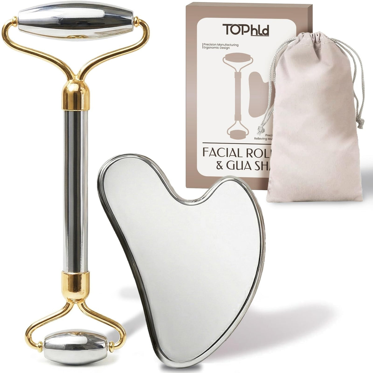 Stainless Steel Face Roller & Gua Sha Set for Skin Tightening & Massage