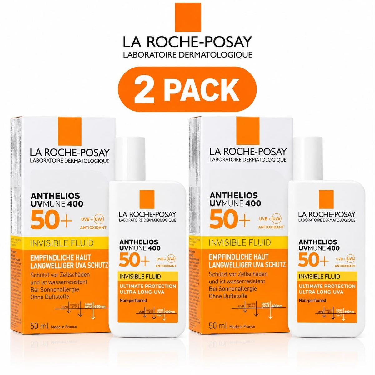 SPF 50+ Sunscreen Fluid with UVA Protection for Sensitive Skin - 50ml, Pack of 2